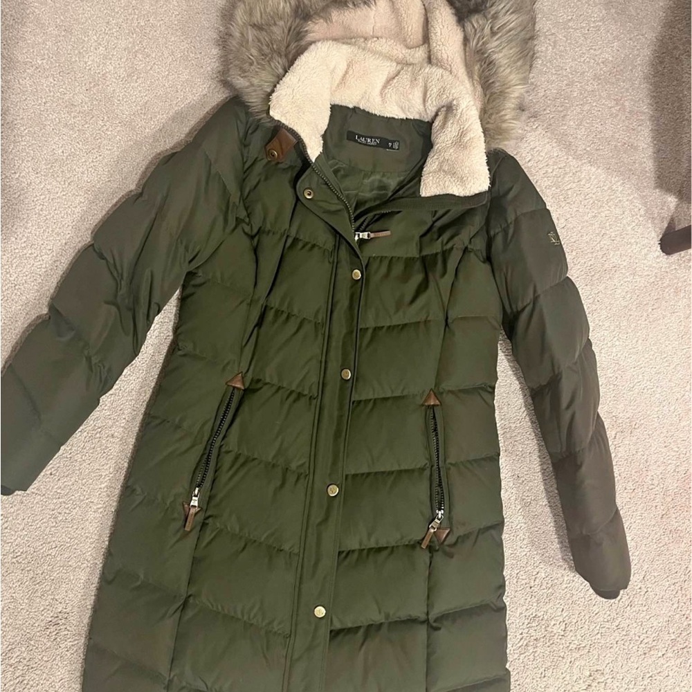 Lauren Ralph Lauren Down Puffer Coat Women’s Small Olive Green Faux Fur Hood